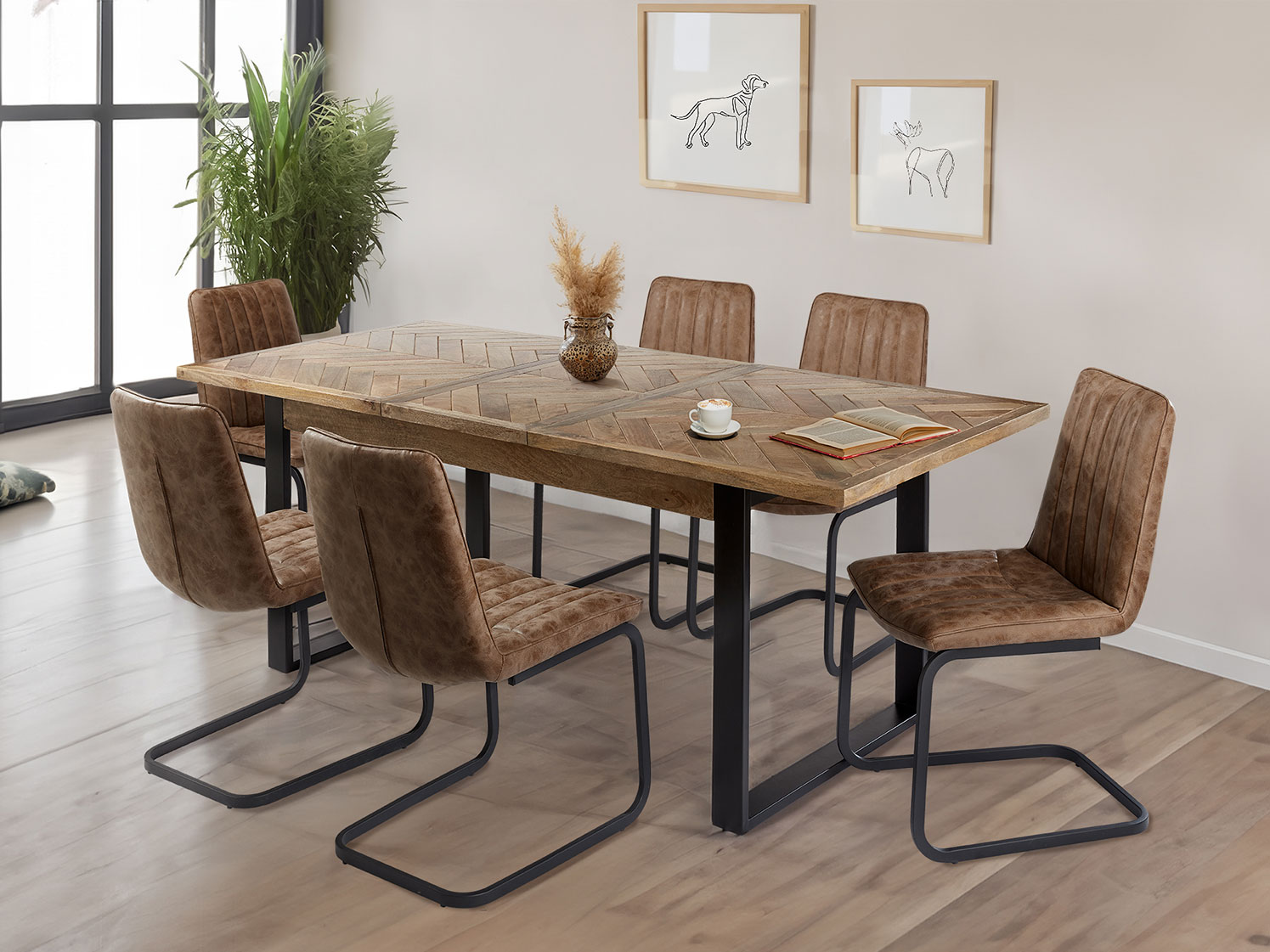 Extending Dining Table & 6 Brown Juno Dining Chairs