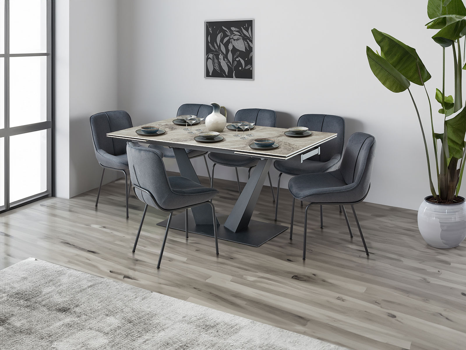 Dining Table With 6 Alfa Chairs In Dark Grey