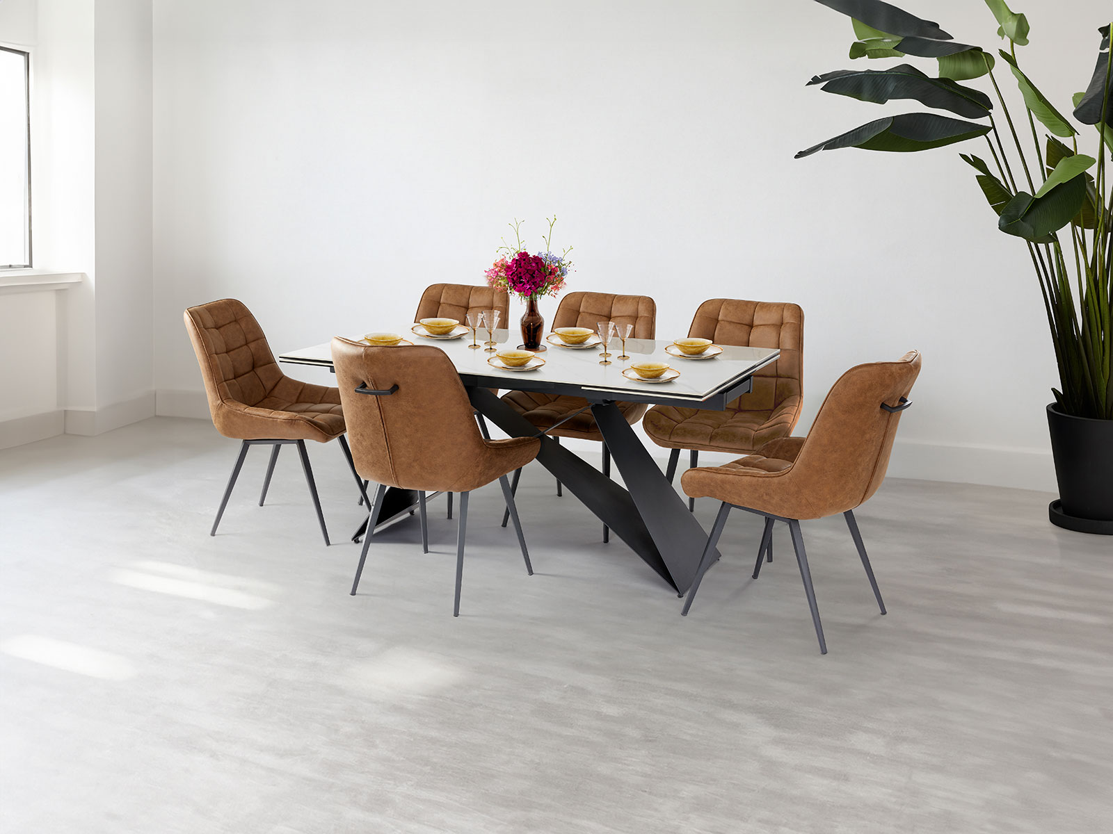 Extending Dining Table & 6 Brown Nikola Dining Chairs