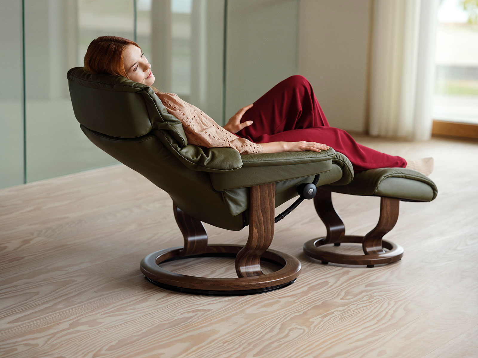 Small Recliner Chair & Stool with Classic Base